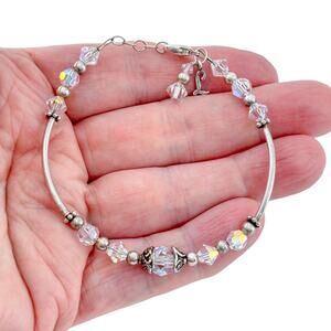 Vintage Sterling Silver 925 Crystal Bead L Charm Bracelet 7.5"-8"